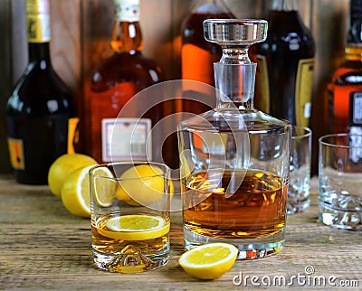 Decanter and glass of whisky Stock Photo