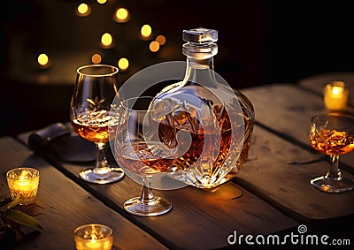 Decanter with glasses of cognac brandy on table on dark background.Macro.AI Generative Stock Photo