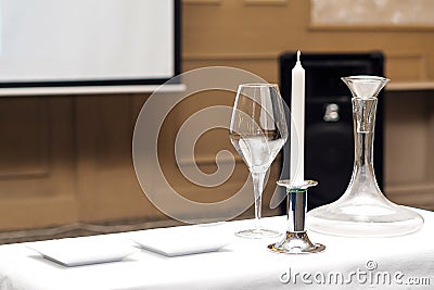 Decanter, wine glass, candle for wine tasting Stock Photo