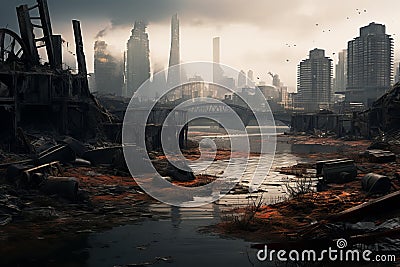 Decayed Post apocalyptic city. Generate Ai Stock Photo