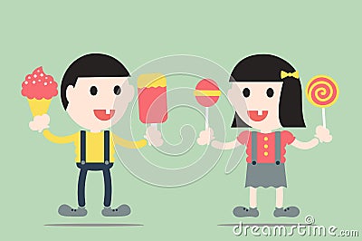 Decayed tooth by sweets and ice cream Vector Illustration