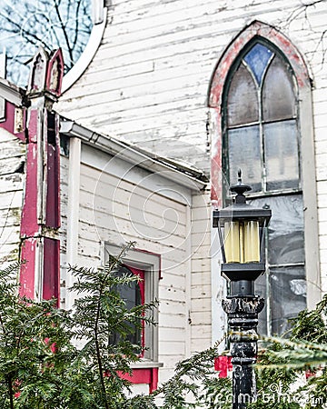 Decaying Church, Architecture, Urban Decay, Lampost Stock Photo