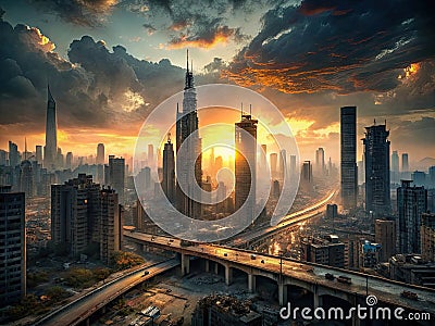 A decaying cyberpunk megacity skyline at dusk Stock Photo