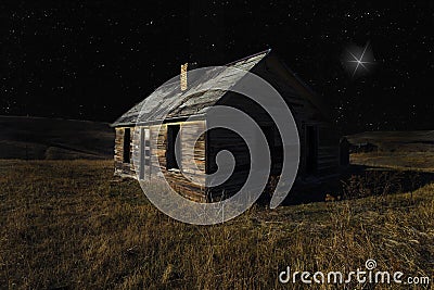Decaying house with bright star behind Stock Photo