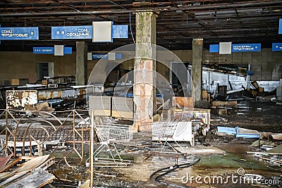 Decaying market place in Pripyat, abandoned after the nuclear explosion in Prypiat, Ukraine. December 2019 Editorial Stock Photo