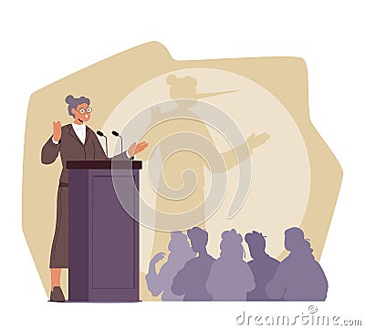 Deceitful Female Character Stand On Podium Or Tribune, Likely Giving A Speech Or Addressing An Audience Vector Illustration