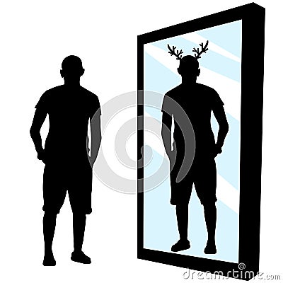 Deceived man, loser. Human stands in front of a mirror, sees in reflection that the horns have grown. Cheated the deer. Tolerant Vector Illustration