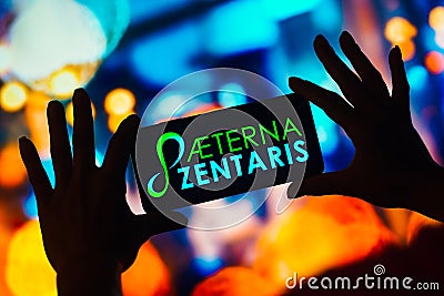 December 22, 2022, Brazil. In this photo illustration, the Aeterna Zentaris logo is displayed on a smartphone mobile screen Cartoon Illustration
