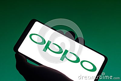 December 14, 2021, Brazil. In this photo illustration the OPPO logo seen displayed on a smartphone Cartoon Illustration