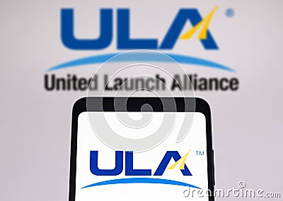 December 29, 2021, Brazil. In this photo illustration the United Launch Alliance ULA logo seen displayed on a smartphone screen Cartoon Illustration