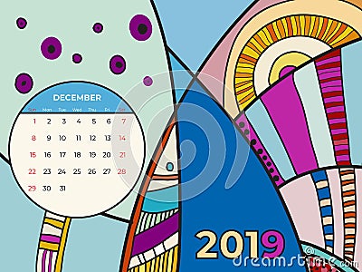 2019 December calendar abstract contemporary art vector. Desk, screen, desktop month 12,2019, colorful 2019 calendar template Vector Illustration