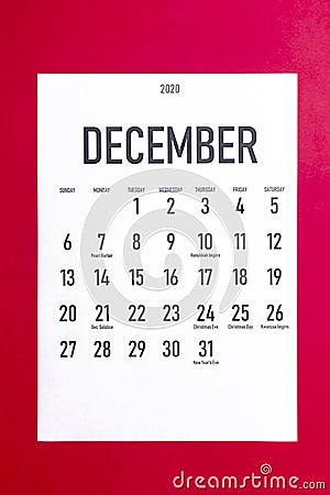 December 2020 calendar with holidays Stock Photo