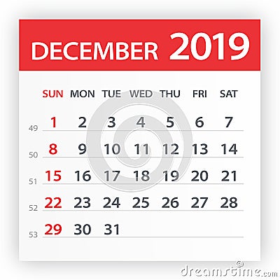 December 2019 Calendar Leaf - Vector Illustration Stock Photo