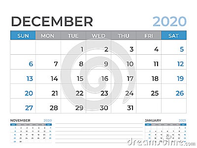 December 2020 Calendar template, Desk calendar layout Size 8 x 6 inch, planner design, week starts on sunday, stationery design Vector Illustration