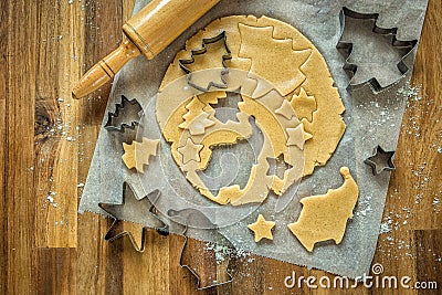 December is Christmas time.Christmas day.Holidays, Christmas preparations.Baking Christmas cookies.Forms and products for cookies. Stock Photo