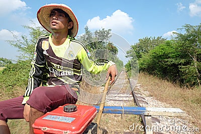 December 2015-Driver of the bamboo train in Battambang,Cambodia. Editorial Stock Photo