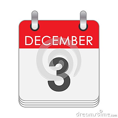 December 3. A leaf of the flip calendar with the date of December 3 Vector Illustration