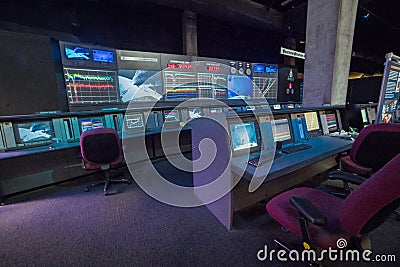 DECEMBER 10, 2018 LOS ANGELES, CA, USA - Space Shuttle Endeavor Mission Control JPL exhibit California Science Center, Los Angeles Editorial Stock Photo