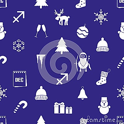 December month theme set of icons blue and white seamless pattern eps10 Vector Illustration