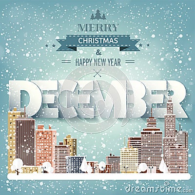 December month,winter cityscape.City silhouettes.Town skyline. Midtown houses panorama.New year,christmas holidays. Vector Illustration