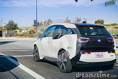 December 13, 2017 Mountain View / CA / USA - BMW I3 electric vehicles stopped at a traffic light in Silicon Valley, San Francisco Editorial Stock Photo