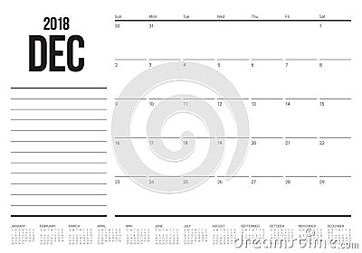 December 2018 planner calendar vector illustration Vector Illustration