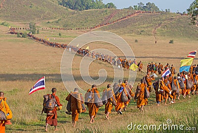 Monk buddhist pilgrimage walking on mountain in thailand Editorial Stock Photo