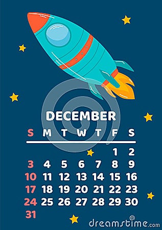 December. Space calendar planner 2023. Weekly scheduling, planets, space objects. Week starts on Sunday. Rocket Vector Illustration