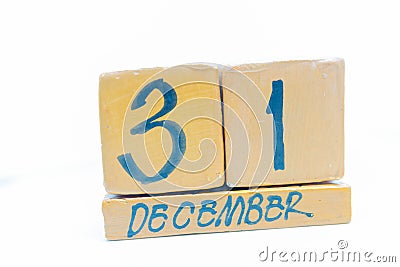 December 31st. Day 31 of month, calendar on wooden background. Handmade calendar Stock Photo