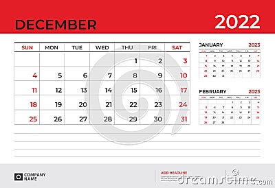 Desk Calendar 2022 design, December 2022 template, week start on sunday, Planner design, Wall calendar 2022 layout Vector Illustration