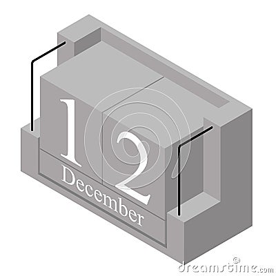 December 12th date on a single day calendar. Gray wood block calendar present date 12 and month December isolated on white Vector Illustration