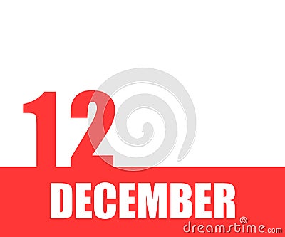 December. 12th day of month, calendar date. Red numbers and stripe with white text on isolated background. Stock Photo