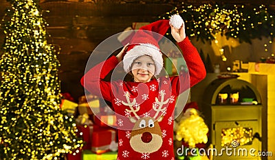 December tradition. Favorite day of year. Child happy excited near christmas tree. Merry christmas. Happy childhood Stock Photo