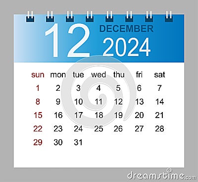 December 2024. Vector monthly calendar template 2024 year in simple style for template design Vector Illustration