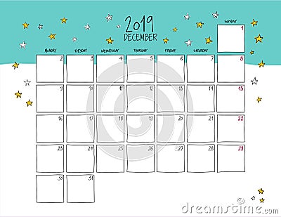 December 2019 wall calendar. Doodle style. Vector Illustration