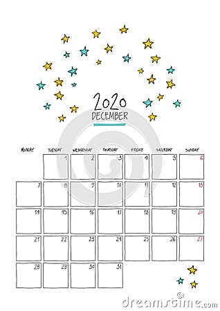 December 2020 doodle wall calendar Vector Illustration