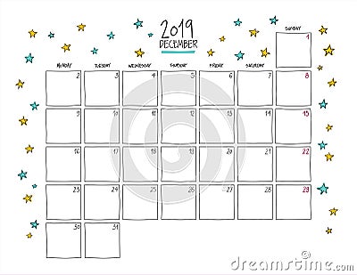 December 2019 wall calendar. Doodle style. Vector Illustration