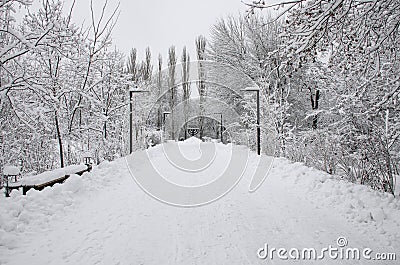 December 13, 2018. White snow-covered road goes to the Menorah monument - a monument dedicated to the murder of Jewish civilians Editorial Stock Photo