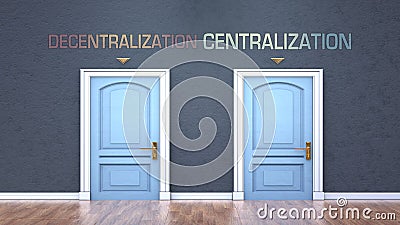 Decentralization and centralization as a choice, pictured as words Decentralization, centralization on doors to show that these Cartoon Illustration