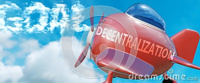 Decentralization helps achieve a goal - pictured as word Decentralization in clouds, to symbolize that Decentralization can help Cartoon Illustration