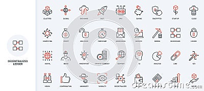 Decentralized application and service, blockchain and encrypted data line icon set Vector Illustration