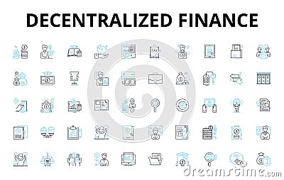 Decentralized finance linear icons set. DeFi, Decentralized, Blockchain, Crypto, Smart contracts, Tokenization Vector Illustration