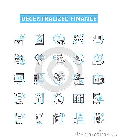 Decentralized finance vector line icons set. DeFi, Blockchain, Crypto, Smart Contracts, Distributed Ledger, Digital Vector Illustration