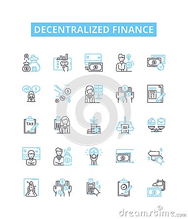Decentralized finance vector line icons set. DeFi, Blockchain, Crypto, Smart Contracts, Distributed Ledger, Digital Vector Illustration