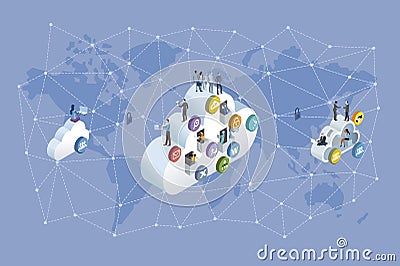 Decentralized Network and Cloud Computing Cartoon Illustration