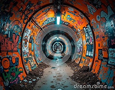 Decentralized web node with guerrilla-style servers hidden in urban graffiti tunnels, symbolizing anarchist tech Stock Photo