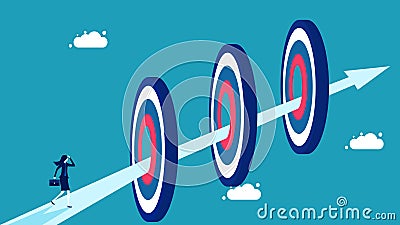 Decide on multiple goals. Businesswomen follow the arrows to achieve various goals Vector Illustration