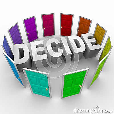 Decide - Word Surrounded by Doors Stock Photo