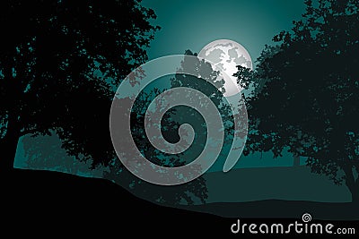 A deciduous forest with trees under a night sky with full moon - Vector Illustration