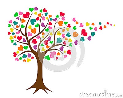 Deciduous tree with colorful heart leaves, red, orange purple, green and yellow, simple flat illustration for Valentine design and Vector Illustration